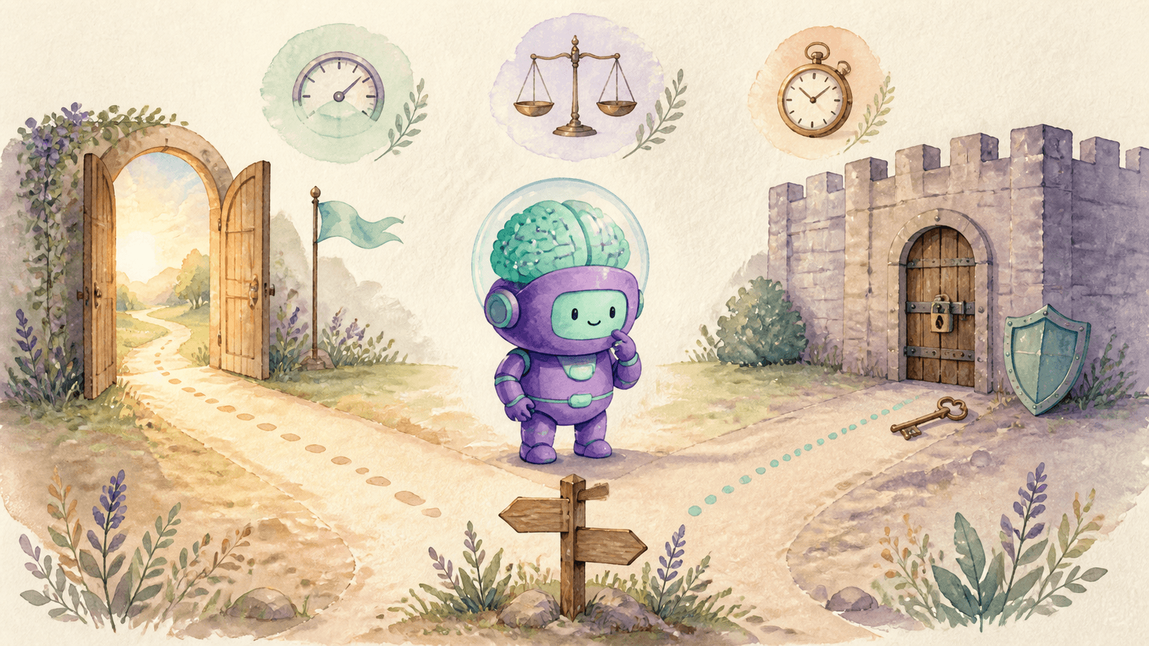 Illustration aquarelle d'un petit robot astronaute violet à un carrefour entre deux chemins, l'un ouvert et diffus, l'autre fermé et gardé, symbolisant le choix entre ralentir en diffusant ou concentrer et restreindre les modèles IA puissants