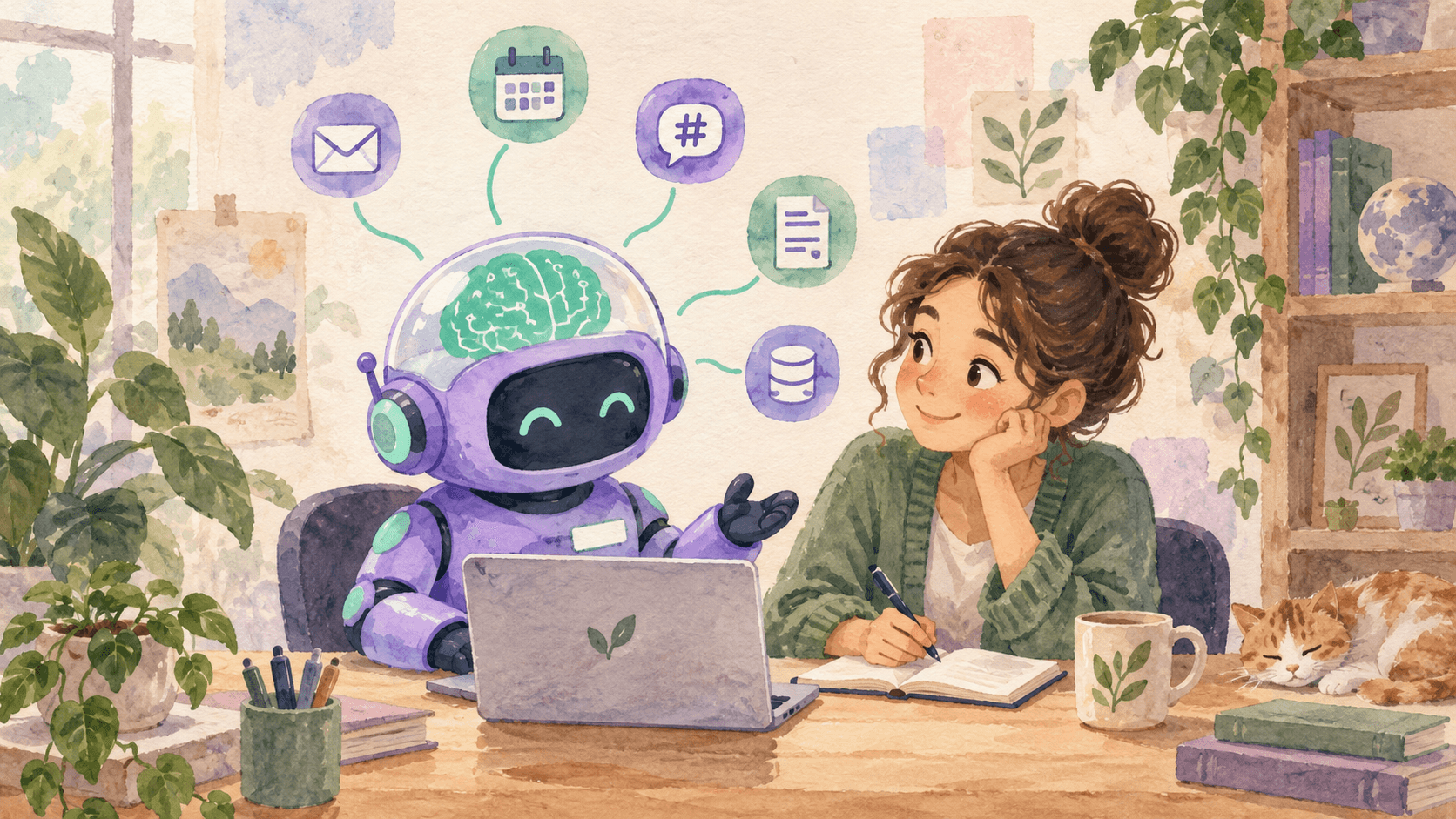 Illustration aquarelle d'un petit robot astronaute violet à son bureau avec un collègue humain, un badge sur la poitrine, un laptop, des icônes d'applications flottantes reliées par des lignes menthe, symbolisant l'agent Gemini qui rejoint l'équipe avec son propre compte Workspace