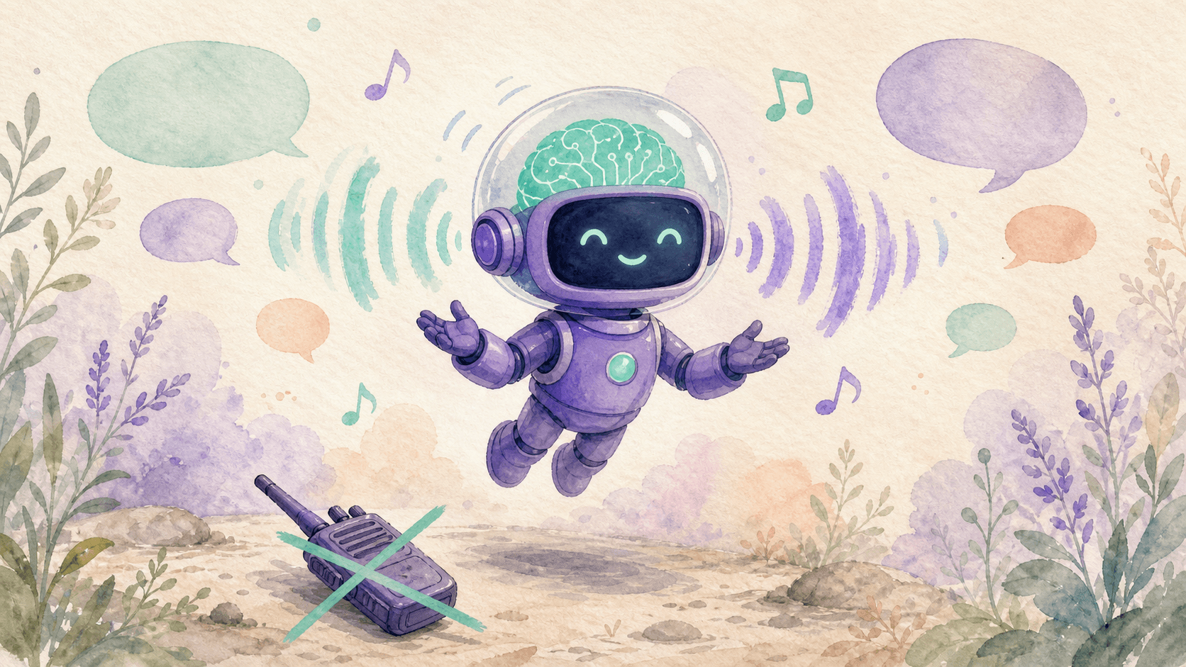 Illustration aquarelle du robot-astronaute violet de saisir.ai flottant avec des ondes sonores menthe et violet emanant de son casque dans les deux sens, symbolisant la conversation full-duplex, avec un walkie-talkie abandonne en bas barre d'une ligne menthe, fond papier texture creme.