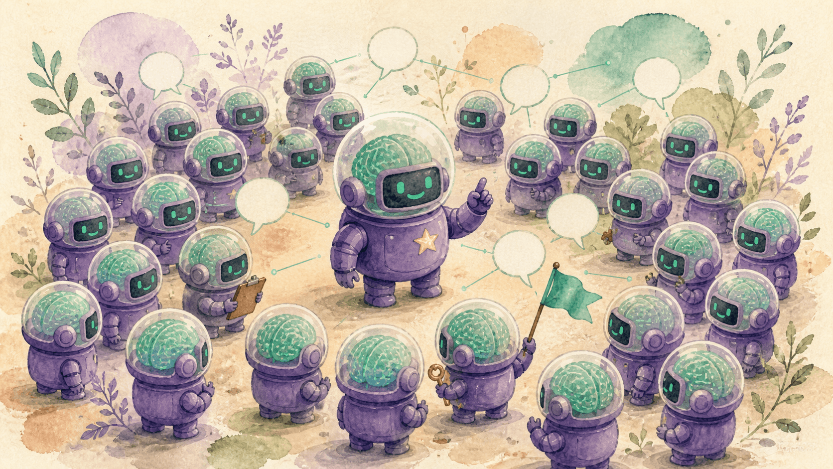 Illustration aquarelle d'une grappe de petits robots astronautes violets à casque transparent, rassemblés autour d'un robot central plus grand portant une étoile, reliés par des bulles de dialogue vides et des fils menthe, tenant de petits objets (presse-papiers, clé, drapeau), symbolisant 700 agents IA s'auto-organisant sans intervention humaine