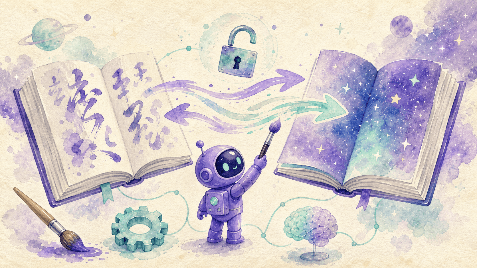 Illustration aquarelle : le robot-astronaute violet de saisir.ai entre deux livres géants ouverts, l'un avec des caractères chinois au pinceau, l'autre avec des étoiles, peignant des flèches qui relient les deux livres. Un petit cadenas ouvert flotte au-dessus. Objets flottants (pinceau, engrenage, cerveau) reliés par des fins traits menthe. Palette violette et menthe sur fond crème.