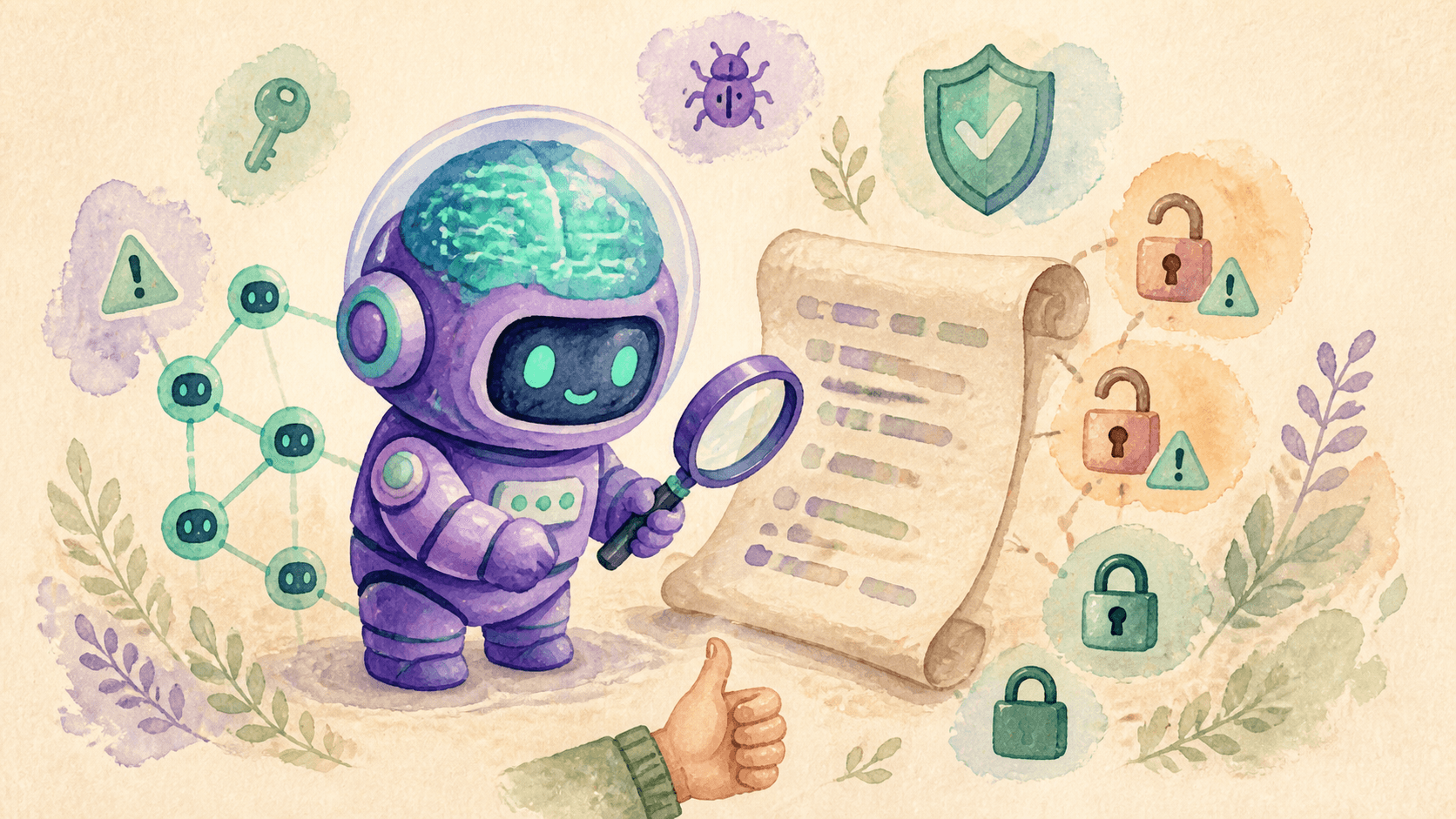 Illustration aquarelle d'un petit robot astronaute violet détective sécurité examinant un code avec une loupe, entouré de cadenas ouverts et fermés, d'un bouclier coché et d'un pipeline d'agents connectés, symbolisant la chasse aux vulnérabilités par agents IA