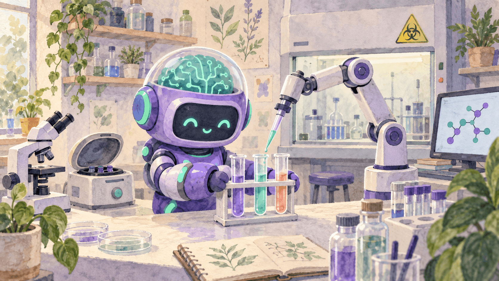 Illustration aquarelle d'un petit robot astronaute violet dans un laboratoire de biologie, tenant un rack d'éprouvettes, entouré d'un microscope, d'une centrifugeuse et d'une hotte, avec un bras robotique manipulant une pipette et un écran montrant une structure moléculaire