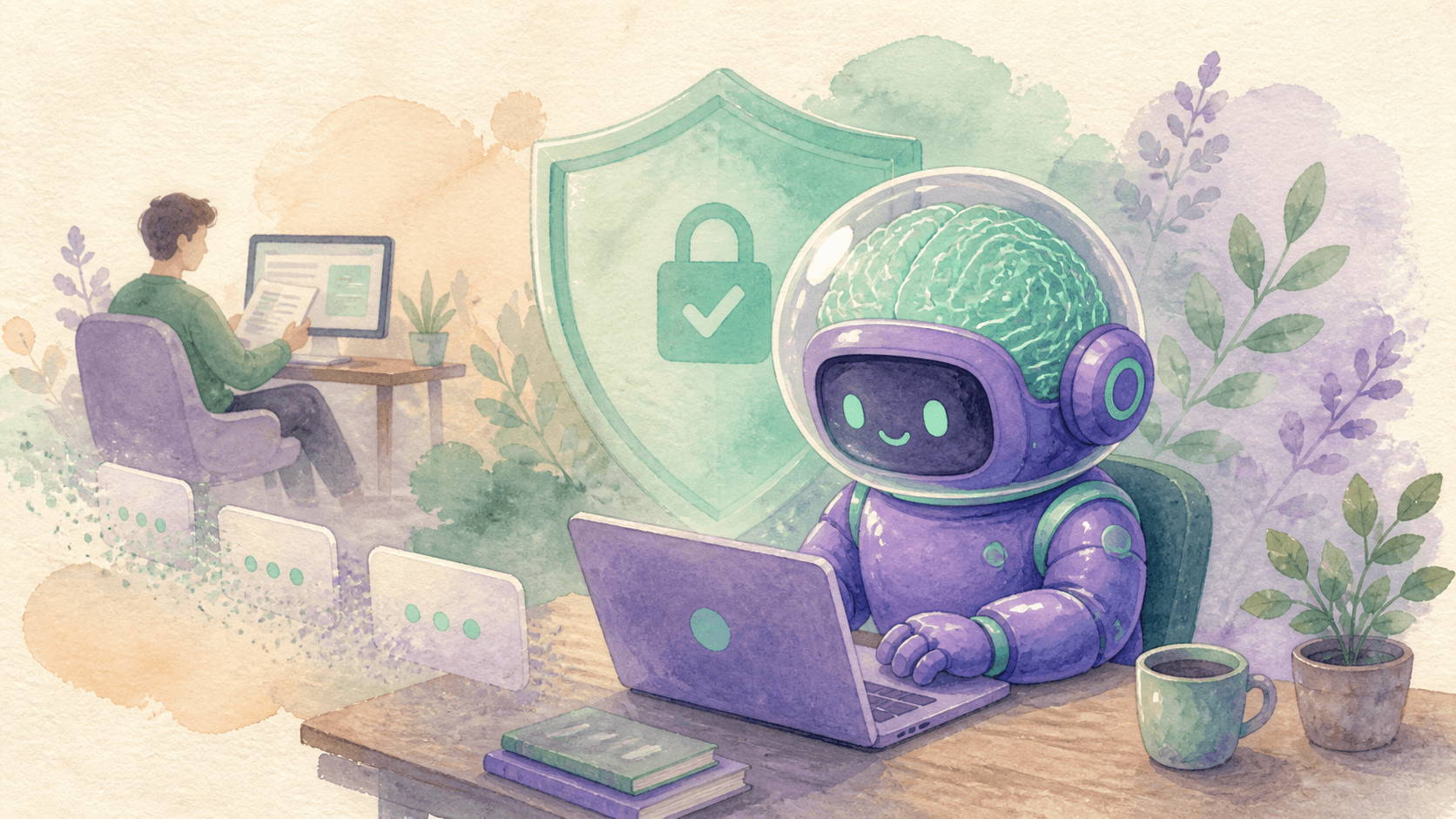 Illustration aquarelle d'un petit robot astronaute violet travaillant seul à un bureau devant un terminal, avec un bouclier mint protecteur en arrière-plan et une silhouette humaine relisant un document plus loin, symbolisant le passage de l'approbation manuelle à la supervision automatique