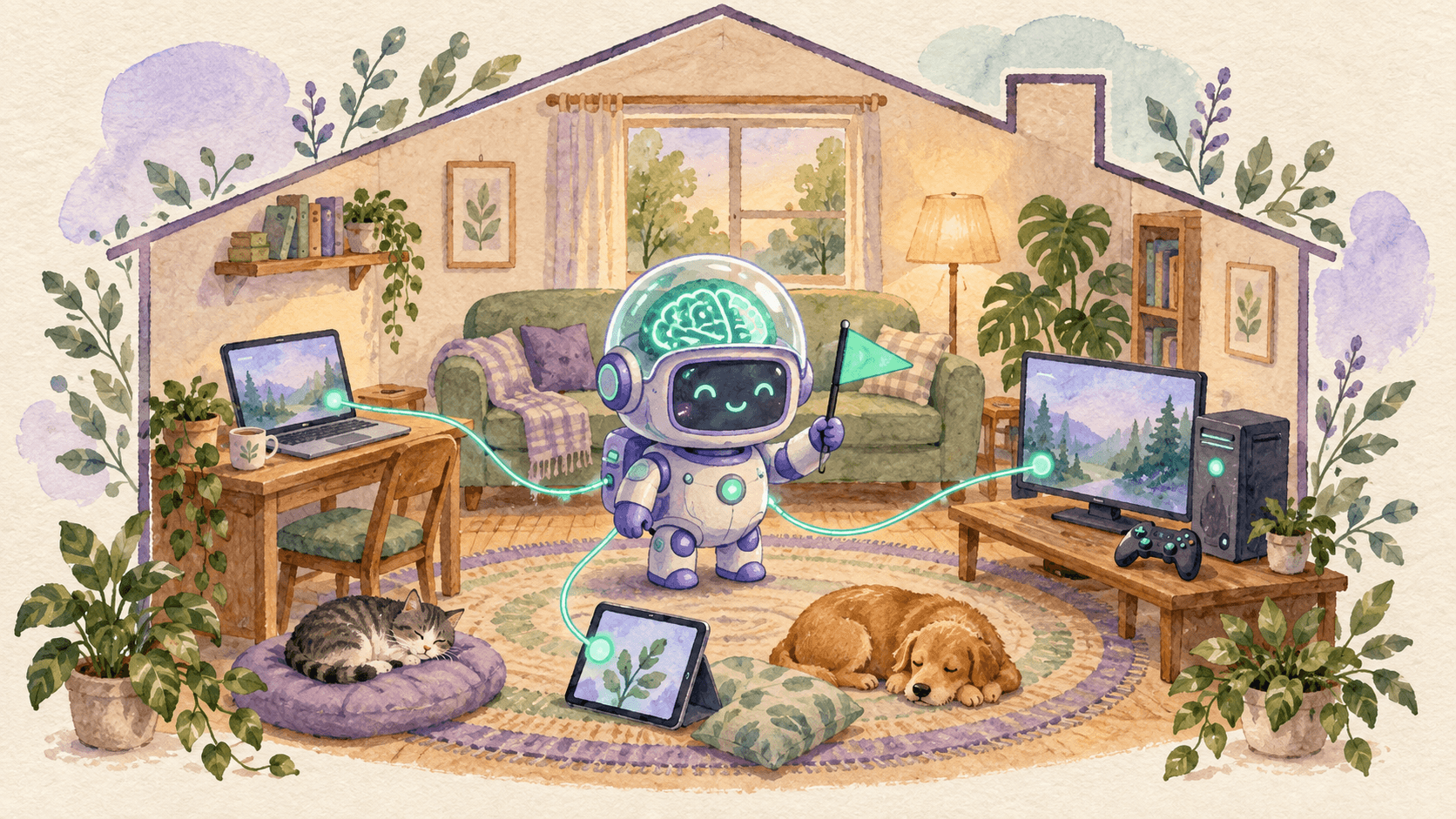 Illustration aquarelle d'un petit robot astronaute violet au cerveau lumineux, tenant un signal de routage, entouré de trois ordinateurs reliés par des fils menthe dans un salon transformé en cluster IA local, avec une silhouette de maison et une manette de jeu à côté d'un PC gaming