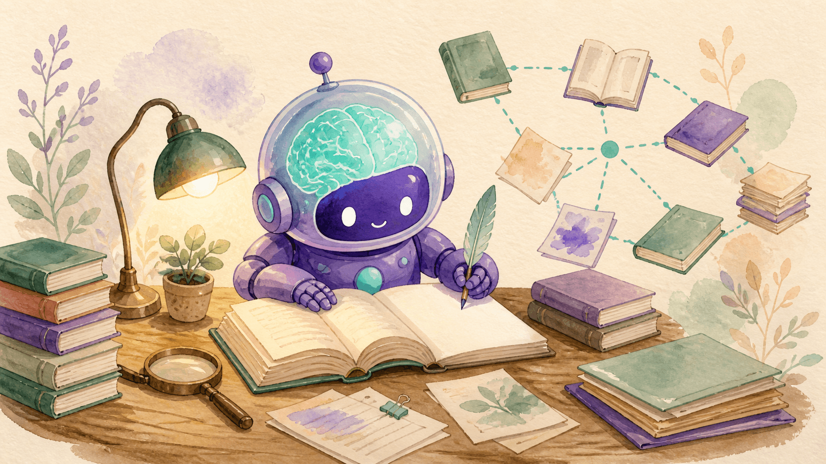 Robot astronaute violet lisant un livre à son bureau, entouré de pages reliées par un graphe de connaissances, illustration aquarelle