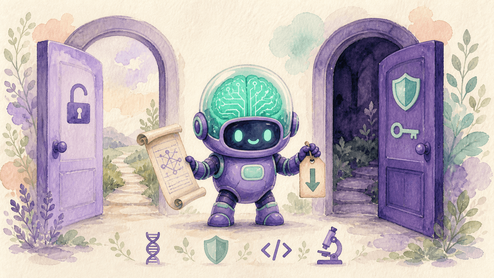 Illustration aquarelle d'un petit robot astronaute violet debout entre deux portails côte à côte, l'un violet avec un cadenas ouvert (Fable 5.1, accès général), l'autre violet profond avec un bouclier et une clé (Mythos 5.1, accès restreint), tenant un blueprint dans une main et une étiquette de prix avec flèche descendante dans l'autre, avec des icônes d'ADN, bouclier, code et microscope à ses pieds