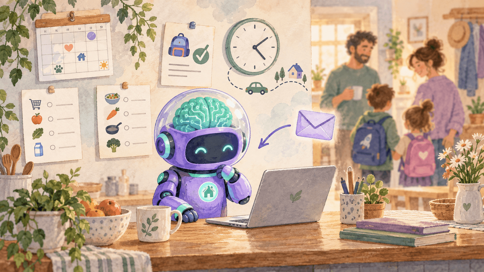 Illustration aquarelle d'un petit robot astronaute violet à casque transparent, debout derrière un comptoir de cuisine familial avec un laptop, entouré d'objets domestiques peints (calendrier, liste de courses, planning de repas, autorisation scolaire cochée, horloge), une silhouette de famille en arrière-plan et une icône d'enveloppe reliant la famille au robot, comme un coordinateur domestique attentif