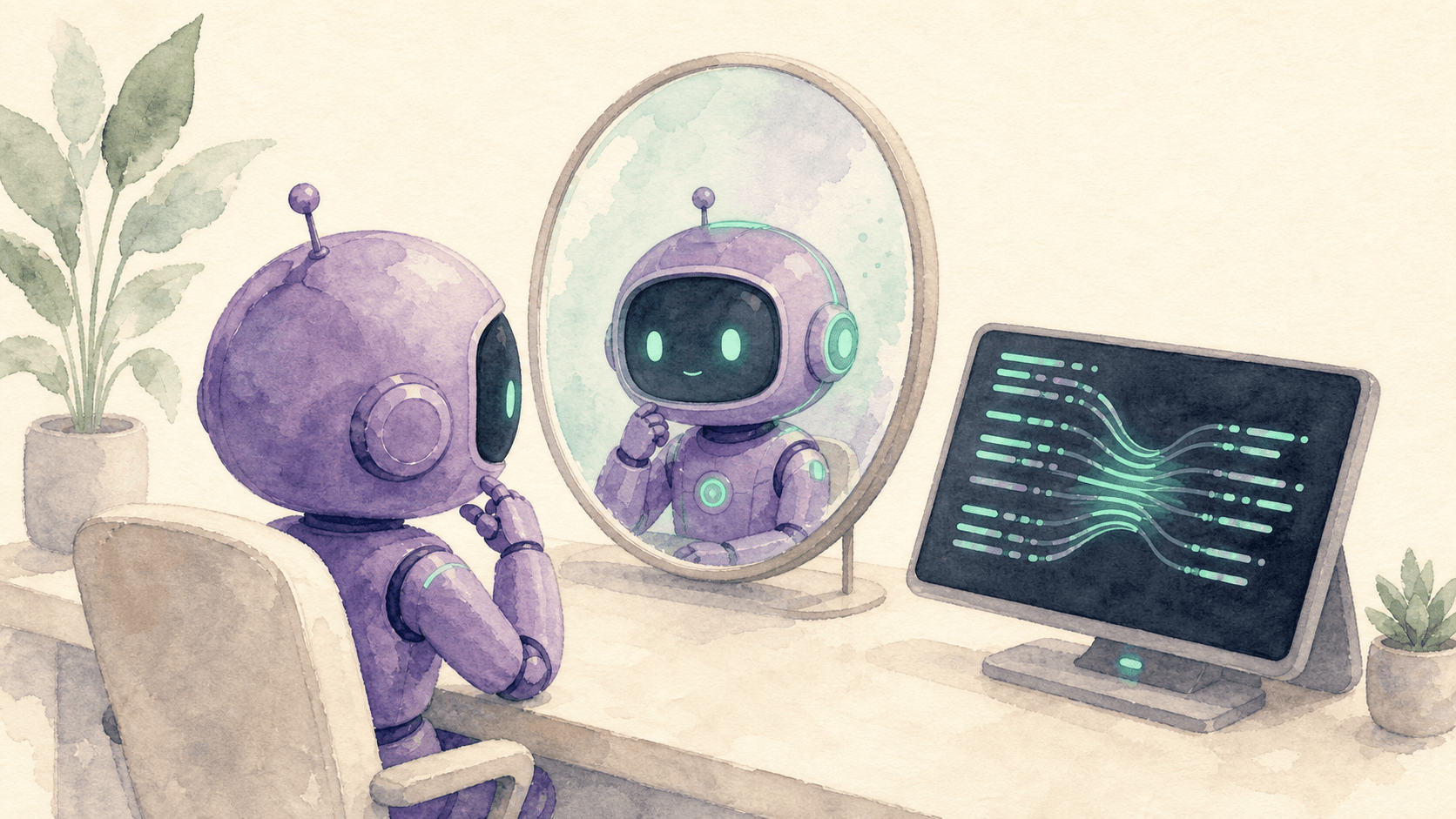 Illustration aquarelle : le robot-astronaute violet de saisir.ai assis à un bureau, se regardant dans un miroir. Le reflet montre une version légèrement différente du robot, suggérant l'auto-vérification. Un écran affiche des lignes de code qui se réorganisent. Accents menthe verte, fond crème.