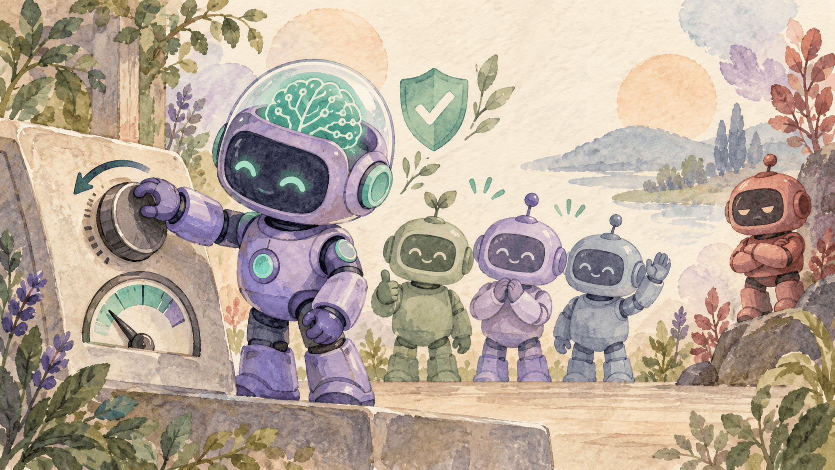 Illustration aquarelle d'un petit robot astronaute violet à casque transparent, la main sur un cadran qu'il ralentit, avec trois silhouettes de robots plus petits derrière lui qui hochent la tête en signe d'accord, et un robot rouge à l'écart les bras croisés, symbolisant les labs IA qui ralentissent le frontier ensemble tandis que la Chine reste à l'écart