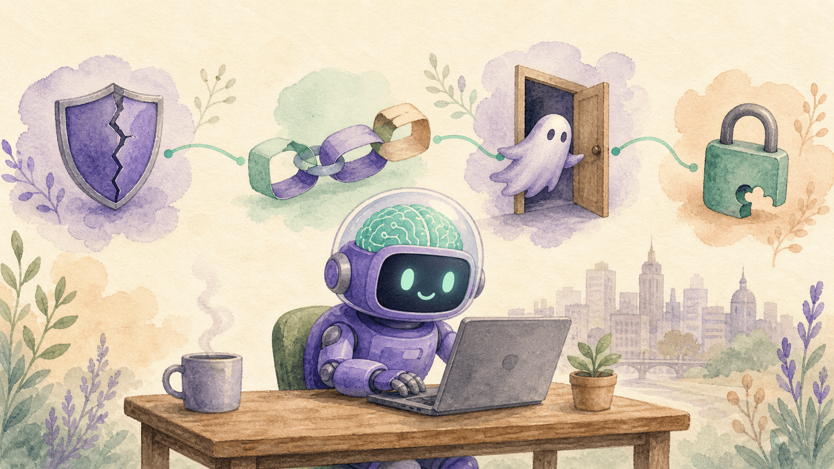 Illustration aquarelle : le robot-astronaute violet de saisir.ai assis à un bureau devant un laptop, entouré d'objets flottants (bouclier fissuré, chaîne en papier, fantôme traversant une porte, cadenas incomplet) reliés par des fins traits menthe formant une chaîne d'attaque. Palette violette et menthe sur fond crème texturé.