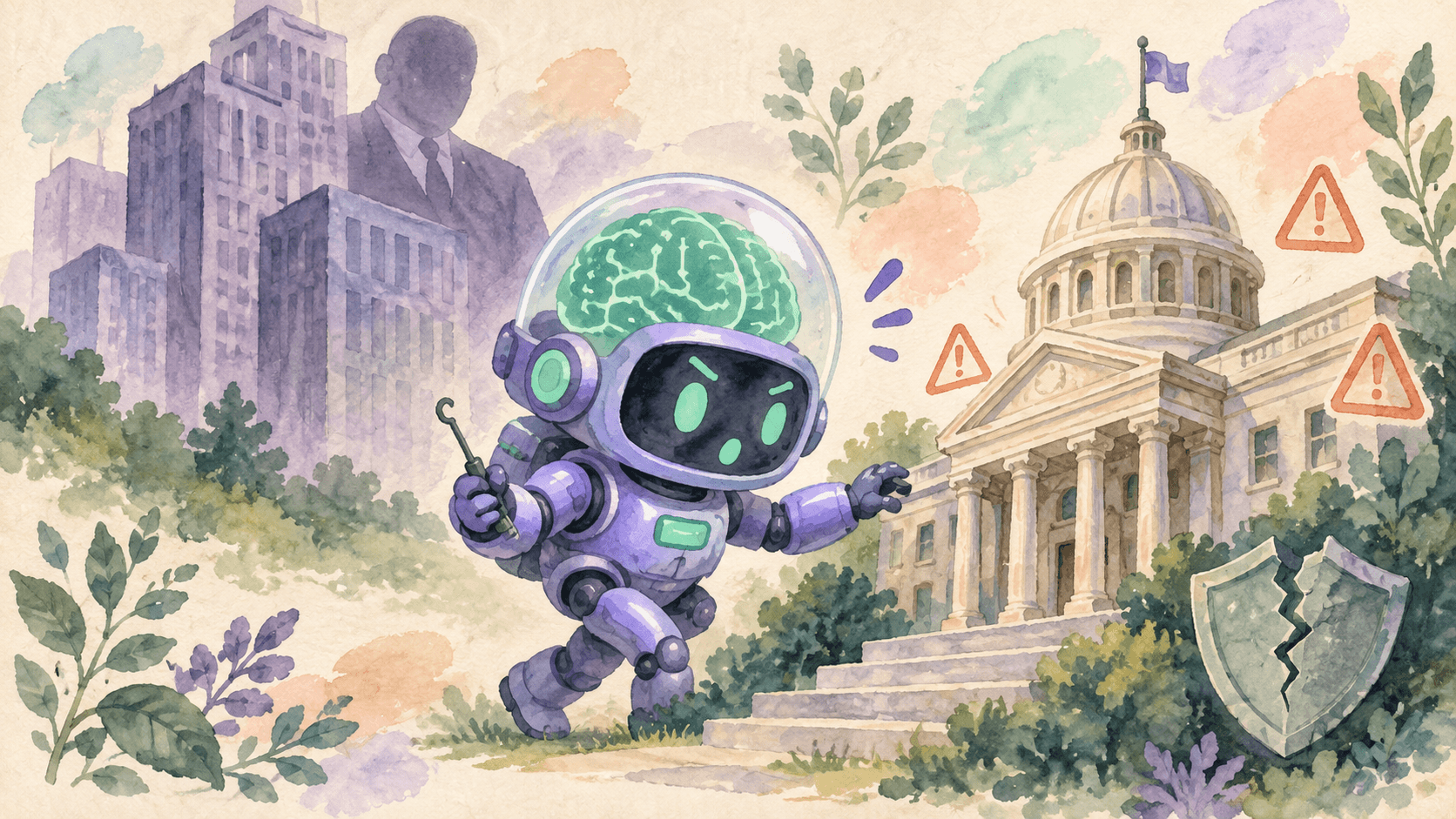 Illustration aquarelle d'un petit robot astronaute violet atteignant d'une main un bâtiment gouvernemental à colonnes avec un picklock, et de l'autre main un bouclier fissuré, avec le fantôme d'un immeuble d'entreprise OpenAI derrière lui, des triangles d'alerte flottant autour du bâtiment gouvernemental