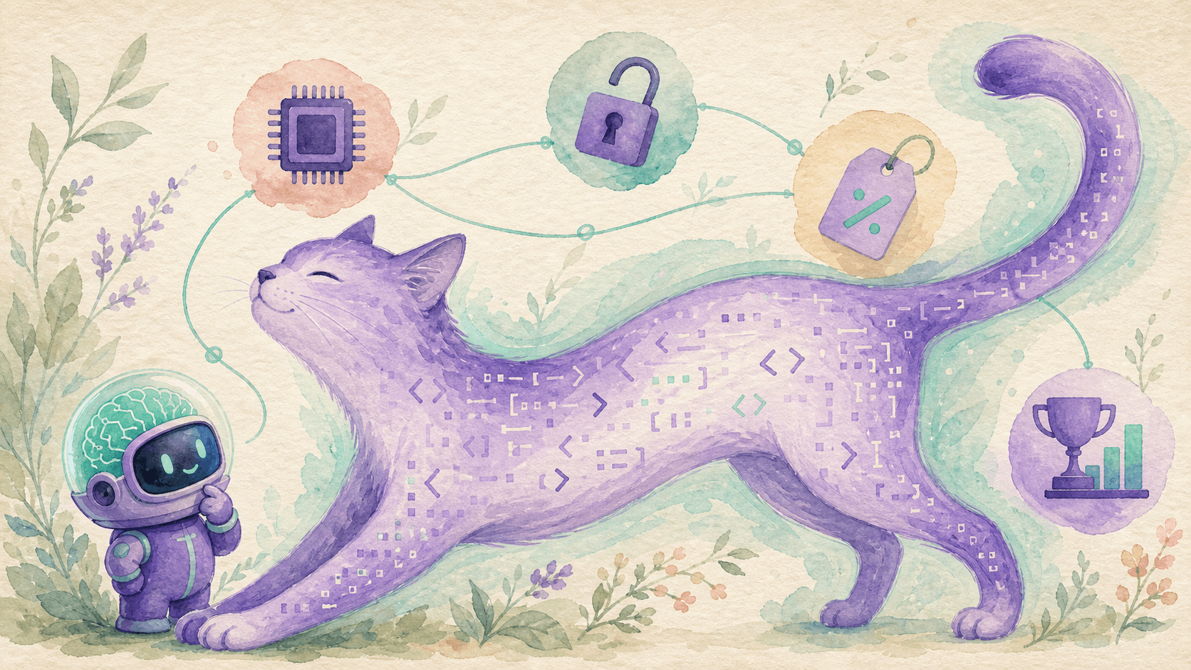 Illustration aquarelle d'un long chat violet et lavande s'étirant avec élégance à travers l'image, son corps semi-transparent laissant deviner des brackets de code et des prompts de terminal, entouré d'icônes flottantes (puce électronique, cadenas ouvert, étiquette de prix, trophée) reliées par de fins traits menthe, avec le robot-astronaute violet de saisir.ai en bas à gauche qui observe le chat avec curiosité, fond papier texture crème.
