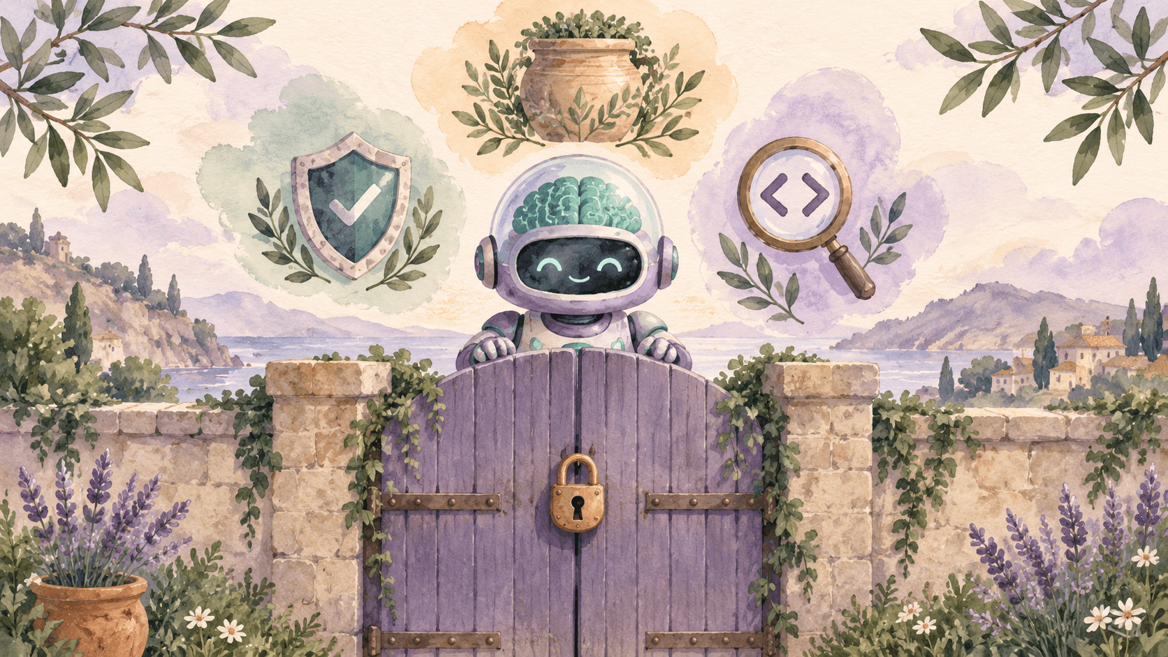 Illustration aquarelle d'un petit robot astronaute violet derrière une porte fermée, avec un cerveau circuits teal sous sa cloche en verre, un bouclier coché à gauche et une loupe sur des crochets de code à droite