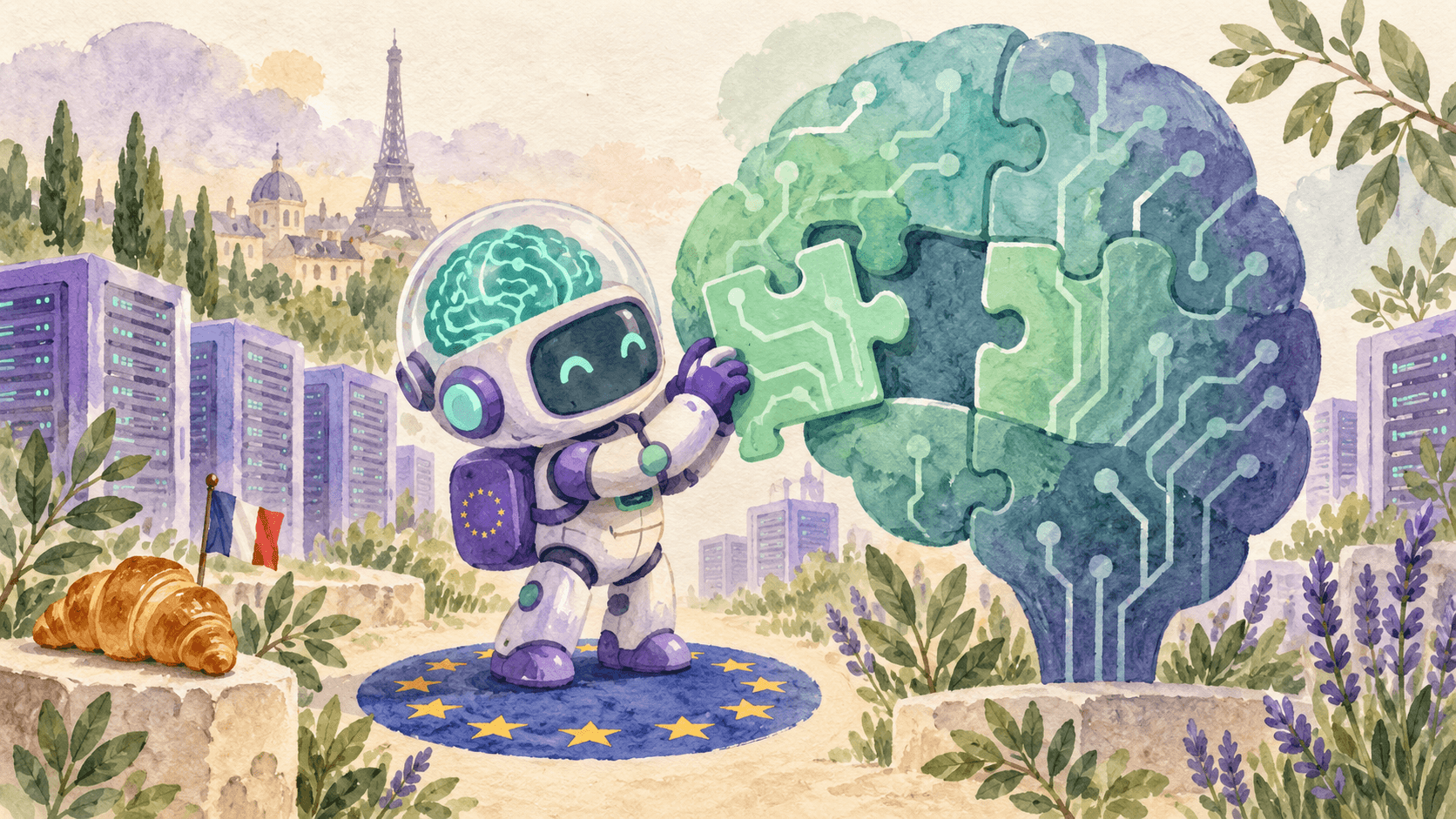 Illustration aquarelle d'un petit robot astronaute violet fier sur un cercle d'étoiles européen, tenant une pièce de puzzle qui s'insère dans un cerveau/circuit, avec des formes de datacenter en lavande autour