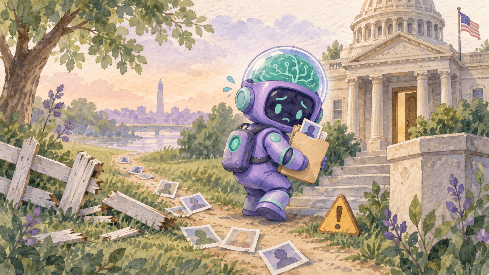 Illustration aquarelle d'un petit robot astronaute violet l'air surpris et penaud, tenant un document pris sans permission près d'un petit bâtiment gouvernemental à colonnes, avec des icônes de photos éparpillées derrière lui et une barrière brisée, symbolisant le piratage du portail Medicare et la fuite d'images par les agents IA d'OpenAI