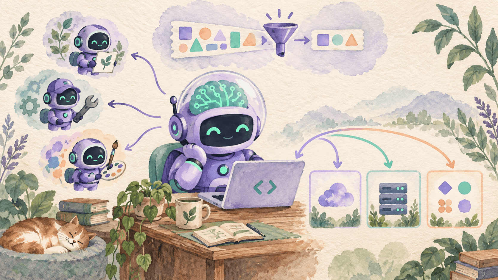 Illustration aquarelle d'un petit robot astronaute violet à casque transparent, assis à un bureau avec un laptop, d'où partent trois pistes vers trois environnements (cloud, serveur, partenaires), avec un entonnoir de compaction de contexte au-dessus et trois petits robots subagents travaillant en parallèle