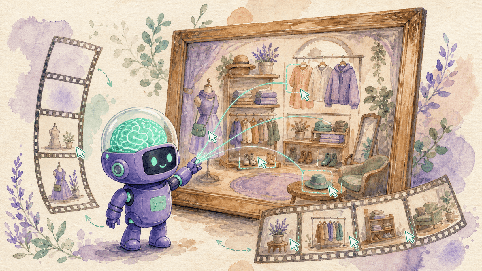 Illustration aquarelle d'un petit robot astronaute violet devant un grand cadre peint affichant une boutique interactive, sa main touchant le cadre avec des flèches et curseurs suggérant la génération en temps réel, des bandes de film autour du cadre évoquant la génération frame par frame