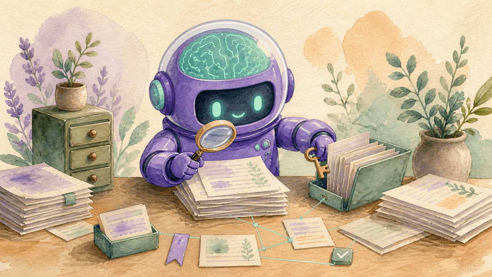 Illustration aquarelle d'un petit robot astronaute violet assis à un bureau d'archiviste, examinant des documents avec une loupe, entouré d'un classeur, d'une fiche et d'un signet, reliés par des fils menthe symbolisant la vérification croisée, illustrant la recherche documentaire agentique de Mistral