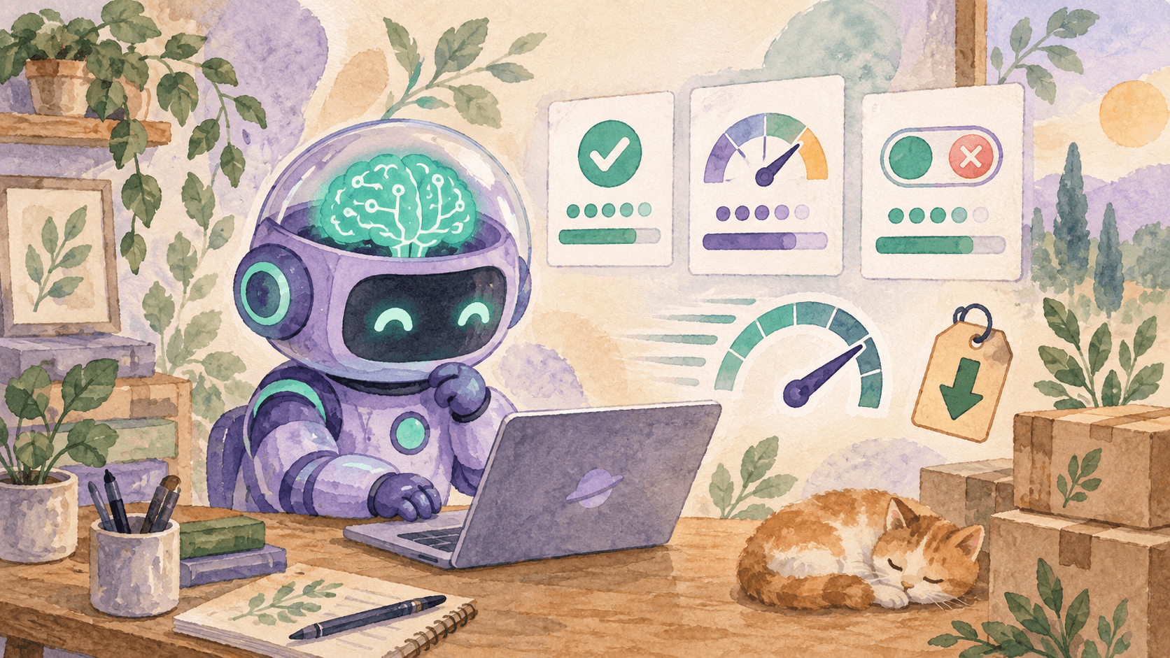 Illustration aquarelle d'un petit robot astronaute violet à casque transparent, debout à un poste de travail avec un laptop, trois cartes de décision typées flottant au-dessus (coche, jauge, toggle oui/non) avec probabilités et barres de confiance, un speedometer et une étiquette de prix à flèche descendante, comme un inspecteur de qualité prenant des décisions rapides