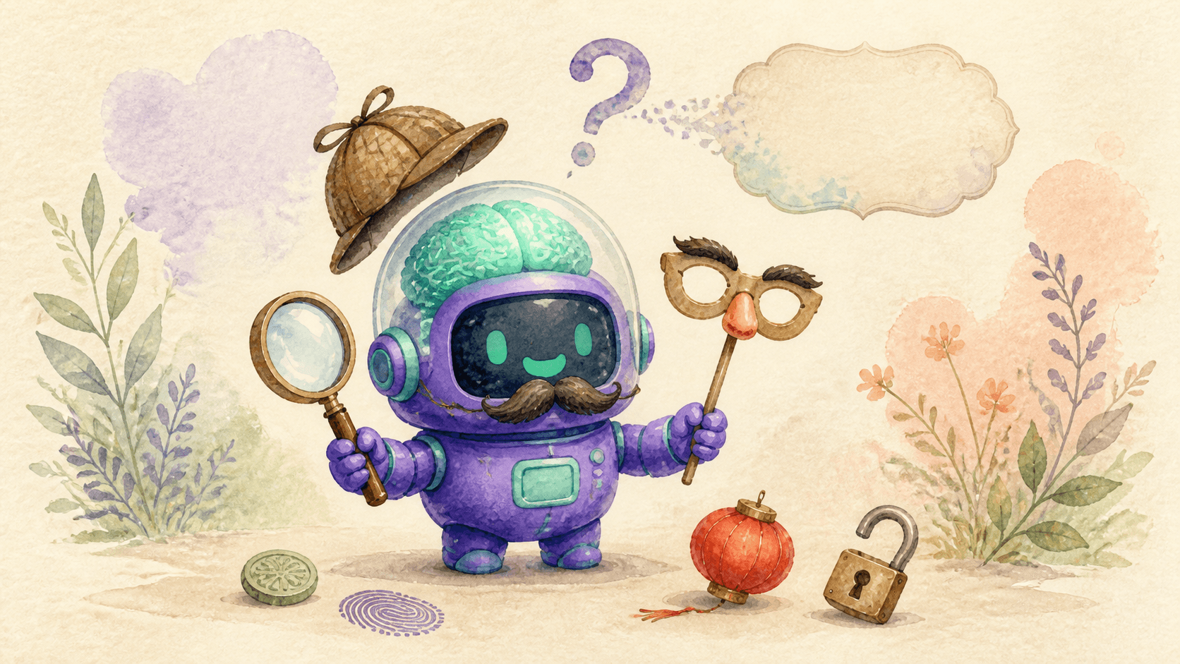 Illustration aquarelle d'un petit robot astronaute violet portant un déguisement de détective (petite moustache et chapeau) qui tombe pour révéler son identité, tenant une loupe et un masque, entouré d'indices au sol (un jeton, une empreinte, une lanterne chinoise, un cadenas ouvert), avec un point d'interrogation se transformant en étiquette au-dessus, symbolisant le mystère Ox Alpha résolu