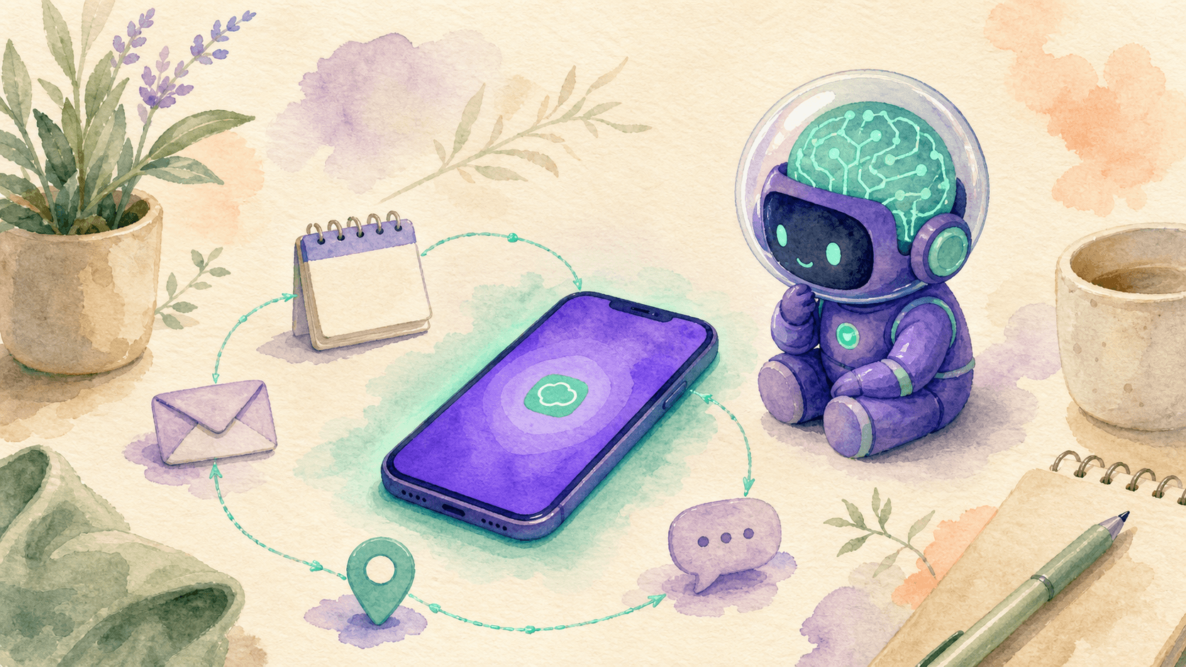 Illustration aquarelle d'un smartphone entoure d'icones d'agents IA (calendrier, enveloppe, punaise, bulle de chat) relies par des fils menthe en boucle, avec le robot-astronaute violet de saisir.ai observe la scene, fond papier texture creme.