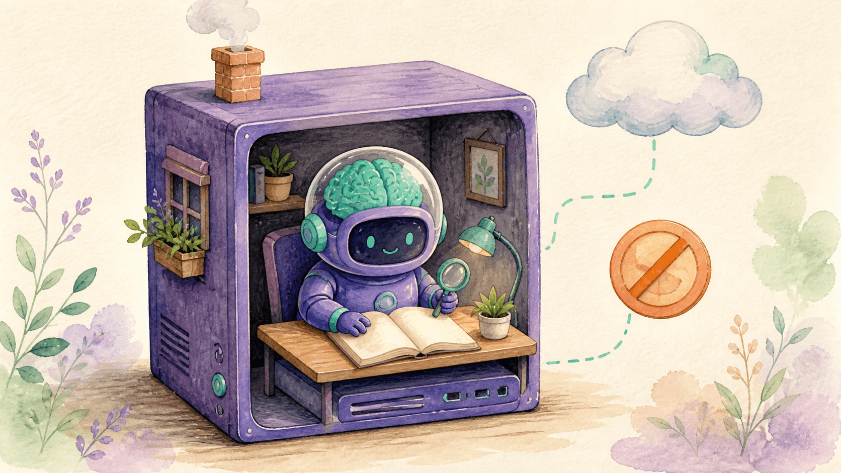 Illustration aquarelle d'un petit robot astronaute violet travaillant tranquillement dans une tour d'ordinateur stylisée en petite maison, avec un nuage relié par une ligne pointillée menthe et une pièce barrée symbolisant le coût zéro, symbolisant un agent IA local qui tourne sans cloud