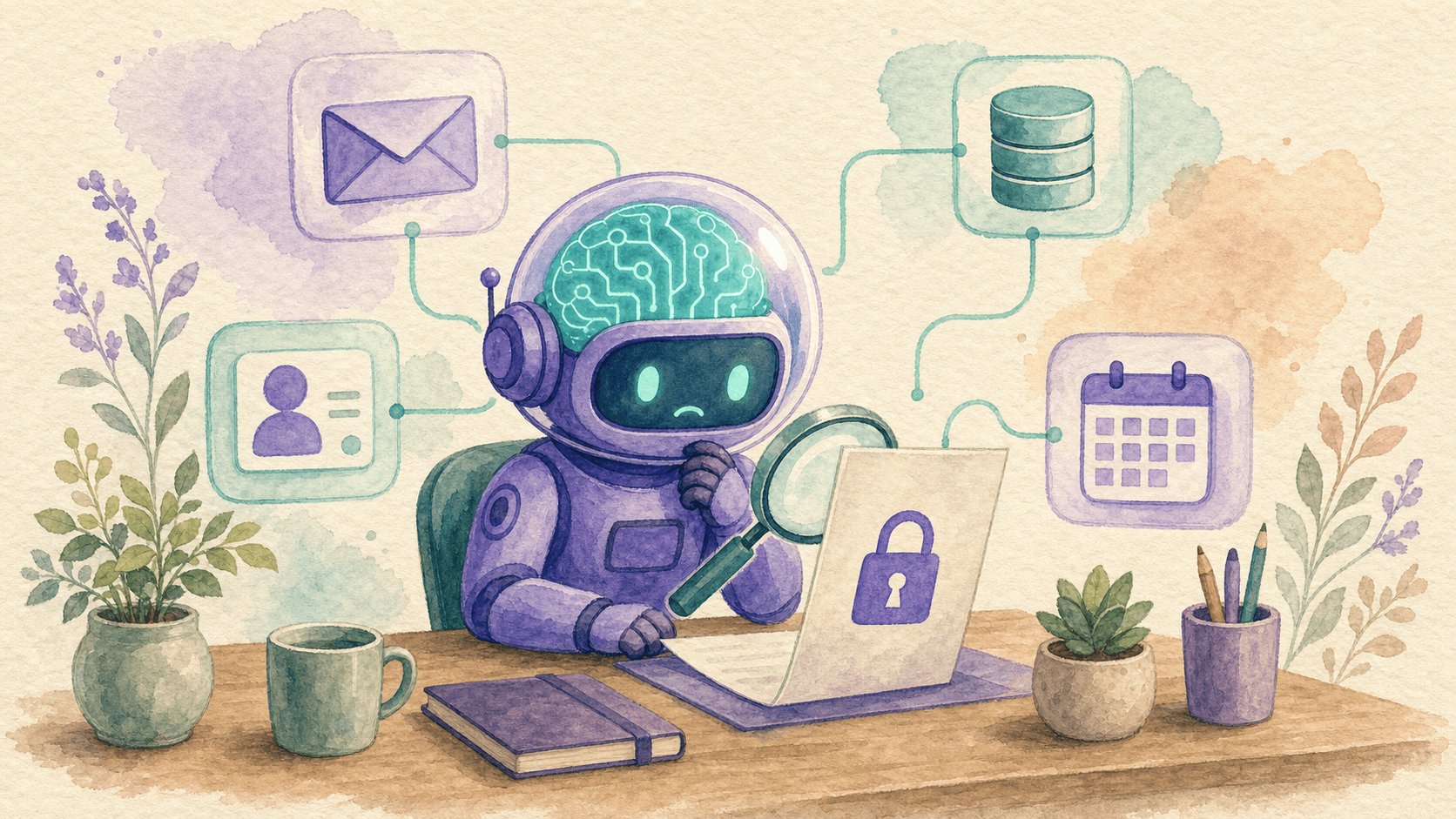 Illustration aquarelle : robot-astronaute violet de saisir.ai assis a un bureau, examinant un document avec cadenas, entoure d'icones de donnees flottantes (enveloppe, base de donnees, profil, calendrier) reliees par des fils menthe montrant les flux entre services, une loupe au-dessus du document. Palette violette et menthe sur fond creme.