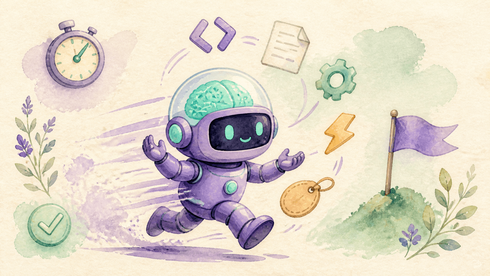 Illustration aquarelle d'un petit robot astronaute violet courant en jonglant avec des objets — code, document, engrenage, éclair — symbolisant Gemini 3.7 Flash qui gère code et agents à moitié prix