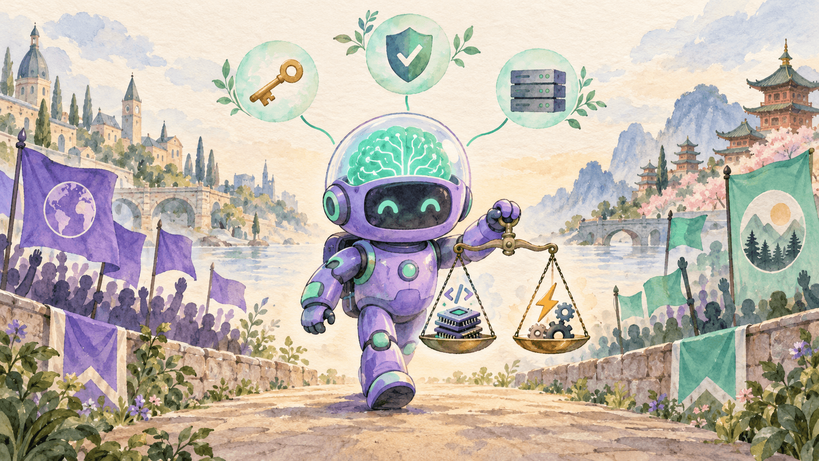 Illustration aquarelle d'un petit robot astronaute violet tenant une balance, avec d'un côté des puces et symboles de code (paramètres du modèle) et de l'autre un éclair et des engrenages (calcul de reinforcement learning), relié à une clé, un bouclier coché et un serveur, symbolisant le modèle open-weight Beam de Reflection