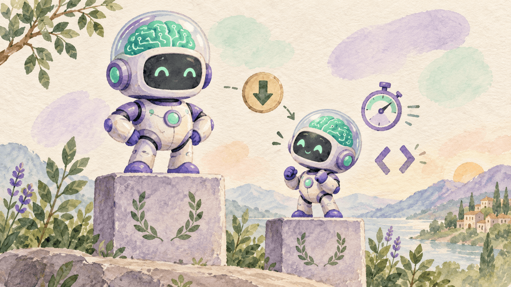 Illustration aquarelle d'un petit robot astronaute violet sur un podium, regardant avec un air défi un robot plus grand sur un podium voisin (Opus), avec une étiquette de prix à flèche descendante et un chronomètre flottant nearby, illustrant le rattrapage de Sonnet 5.5 sur Opus pour 30% moins cher
