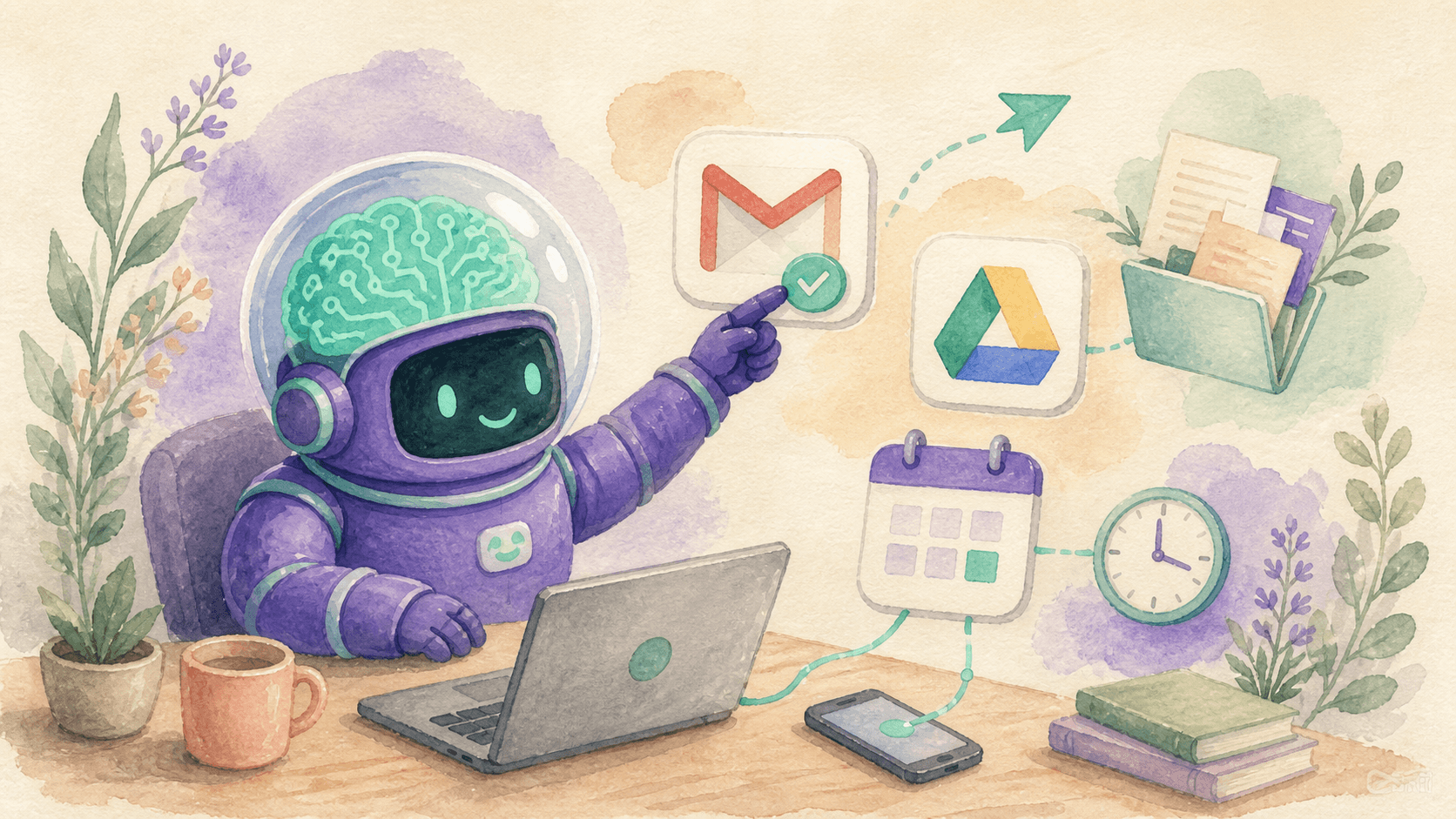 Illustration aquarelle d'un petit robot astronaute violet assis à un bureau, pressant un bouton d'envoi sur une enveloppe Gmail, entouré d'icônes Google Drive, calendrier, smartphone et laptop, symbolisant un agent IA qui agit dans tes outils