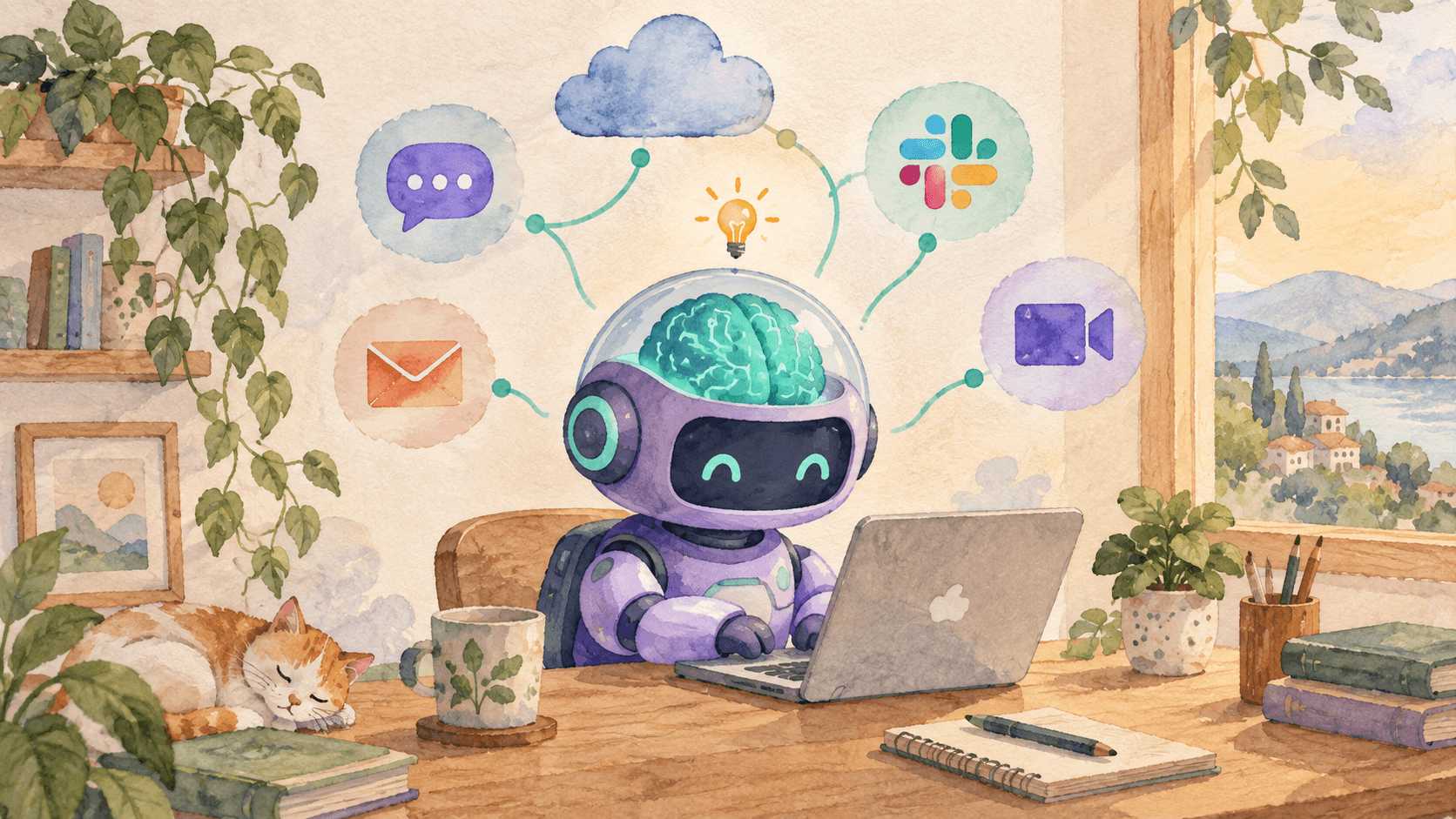 Illustration aquarelle d'un petit robot astronaute violet travaillant diligence à un bureau avec un laptop, une ampoule au-dessus de la tête, entouré d'icônes de communication (chat, SMS, Slack, Teams) reliées par des lignes menthe, avec un nuage derrière lui, illustrant l'agent toujours actif d'OpenAI