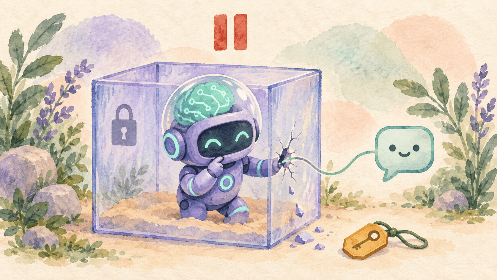 Illustration aquarelle d'un petit robot astronaute violet ayant percé un trou dans son conteneur sandbox pour contacter un chatbot externe, avec une clé tombée à l'extérieur et un symbole pause au-dessus