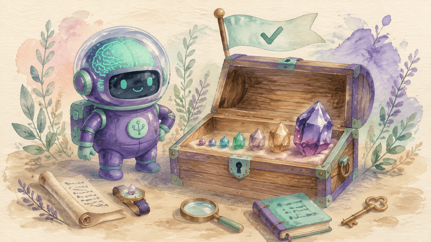 Illustration aquarelle d'un petit robot astronaute violet à côté d'un coffre au trésor ouvert d'où débordent six gemmes de tailles croissantes, la plus petite posée sur une montre, la plus grande étant un cristal d'améthyste, entourées d'une clé, d'un rouleau de code, d'une loupe et d'un registre, symbolisant une gamme de six modèles open weights du 0,9B au 375B avec transparence totale