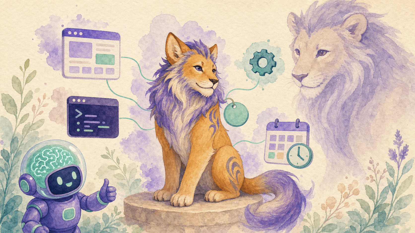 Illustration aquarelle d'un renard violet assis sur un piédestal, rayonnant d'énergie douce, entouré d'icônes flottantes (navigateur, terminal, engrenage, horloge) reliées par de fins traits menthe suggérant des connexions agentiques, avec une ombre plus grande à droite représentant Opus, et le robot-astronaute violet de saisir.ai en bas à gauche observant avec un pouce levé, fond papier texture crème.