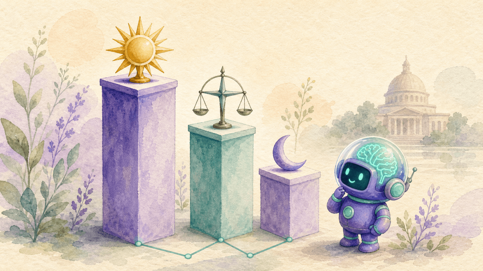 Illustration aquarelle de trois piliers de tailles différentes surmontés d'un soleil, d'une boussole et d'un croissant de lune, avec le robot-astronaute violet de saisir.ai regardant les piliers avec curiosité