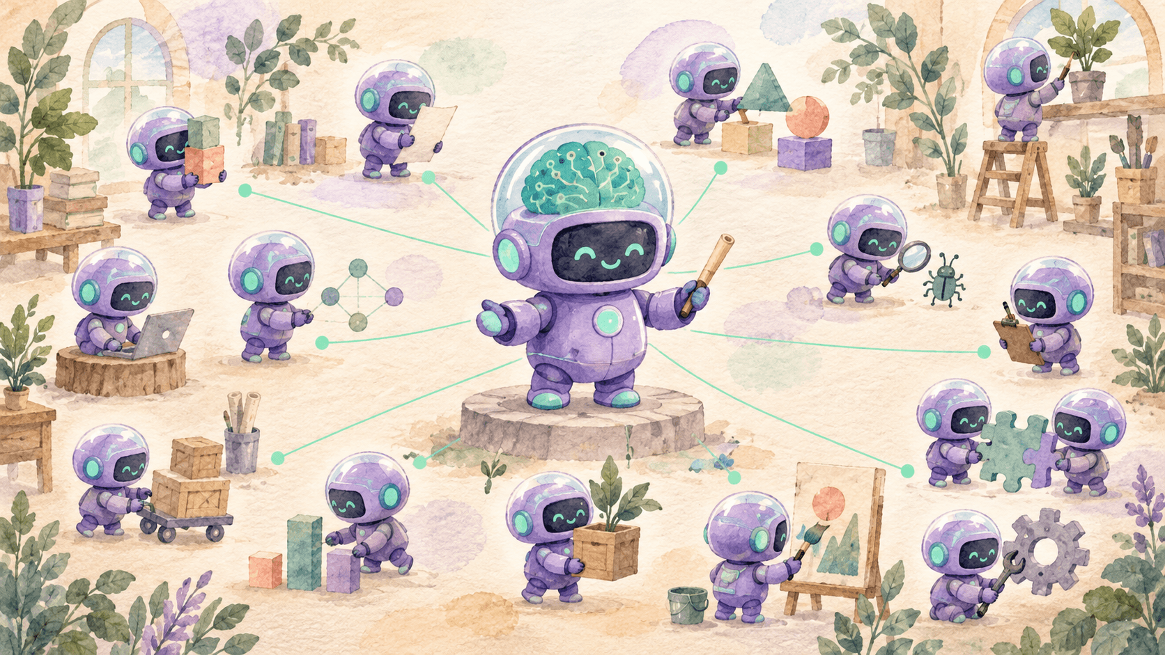 Illustration aquarelle d'un petit robot astronaute violet en chef d'orchestre, entouré de nombreuses petites copies du même robot travaillant sur différentes tâches en parallèle, reliées par des lignes menthe, symbolisant les workflows dynamiques et la coordination multi-agents de Claude