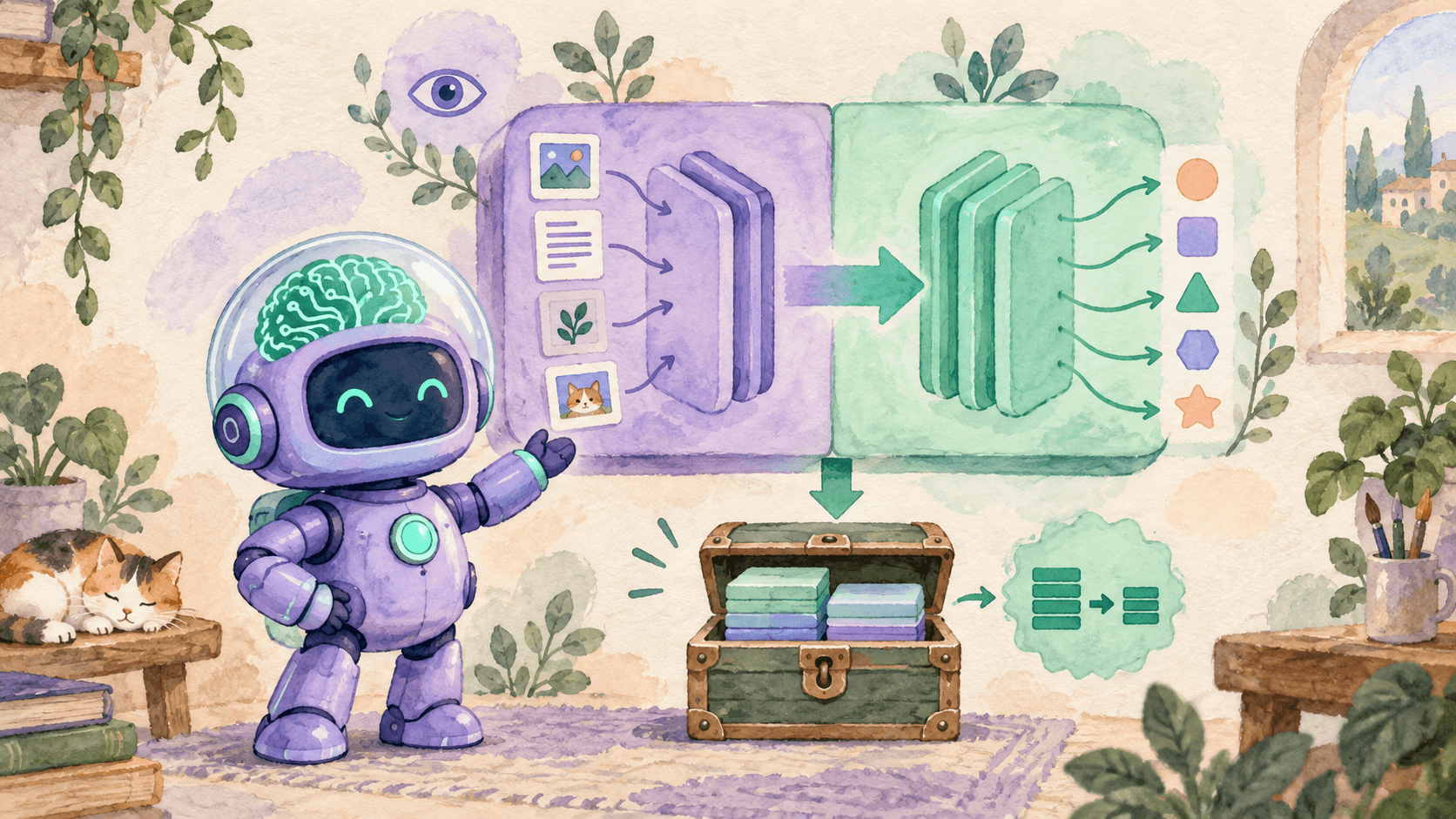 Illustration aquarelle d'un petit robot astronaute violet devant un transformer coupé en deux (encodeur lavande à gauche, décodeur menthe à droite), avec une flèche entre les deux moitiés, un coffre de stockage et un badge 8x en dessous, et un petit œil près de l'encodeur — l'air satisfait d'avoir trouvé une optimisation élégante