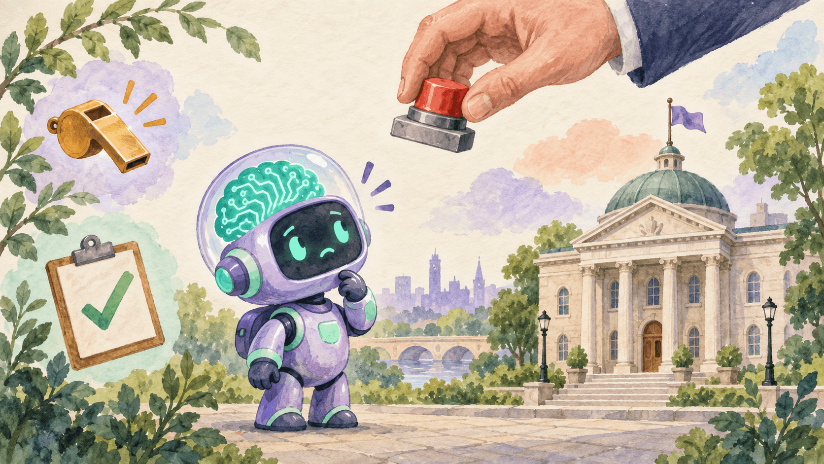 Illustration aquarelle d'un petit robot astronaute violet regardant avec curiosité un bouton d'arrêt rouge tenu par une main descendante, à côté d'un bâtiment classique à colonnes représentant City Hall, avec un sifflet et un presse-papier à coche symbolisant les whistleblowers et la validation par tiers