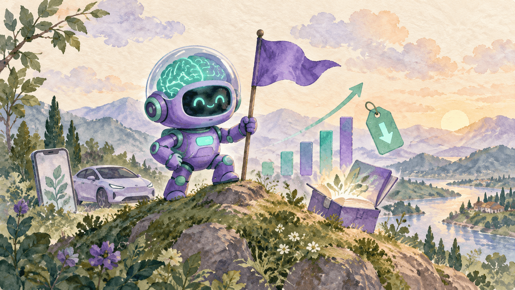 Illustration aquarelle d'un petit robot astronaute violet sur un podium, plantant un drapeau, flanqué d'un smartphone et d'une voiture à gauche, d'un livre ouvert avec des contenus lumineux à droite, avec des barres de benchmark ascendantes et une étiquette de prix à flèche descendante