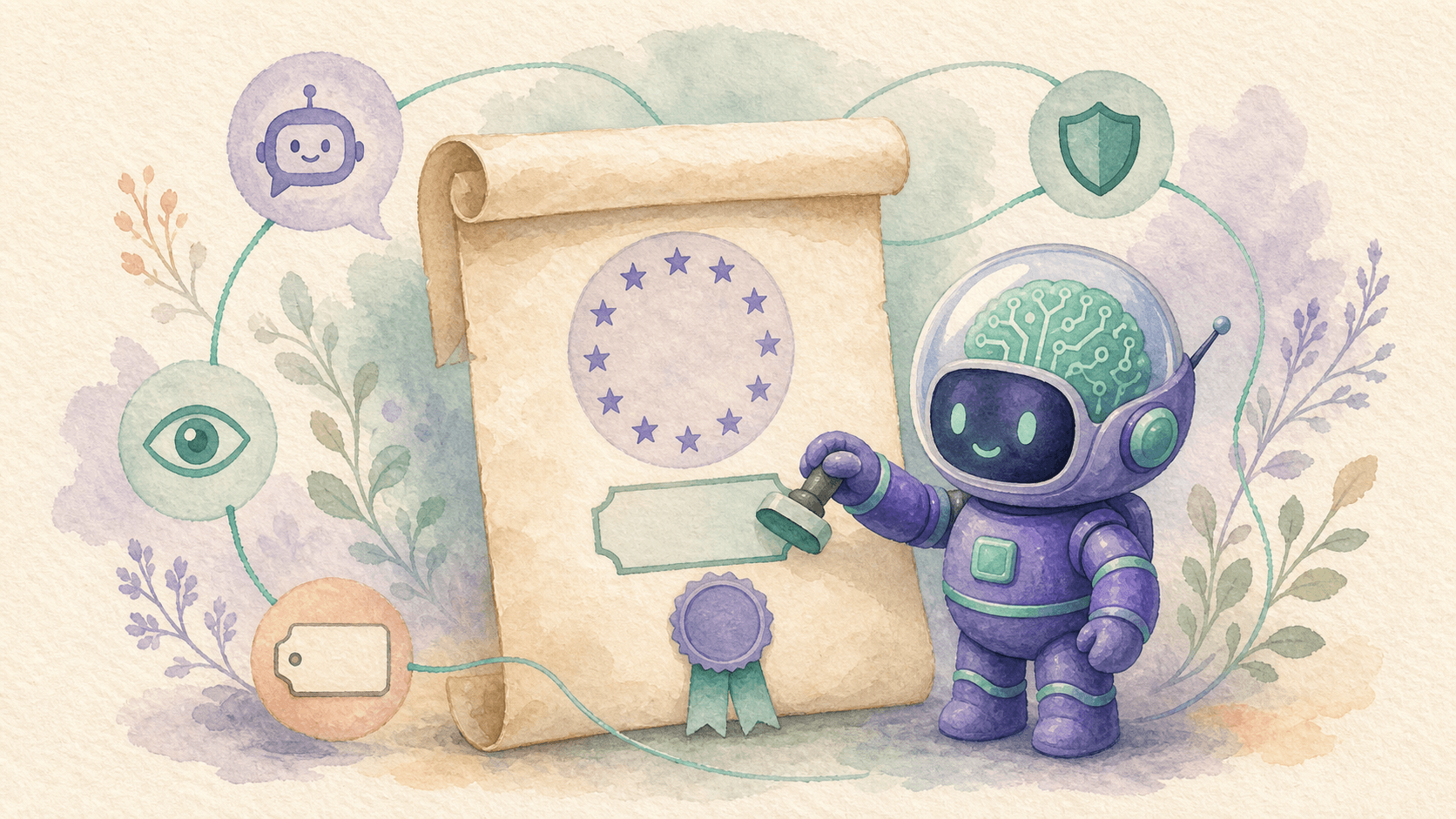 Illustration aquarelle d'un document officiel européen avec un tampon IA posé dessus, entouré de petites icônes aquarelle (bulle de chat avec visage de robot pour l'auto-identification, oeil pour la transparence, étiquette pour le marquage des contenus, bouclier pour la conformité) reliées par de fins traits menthe en boucle de conformité, une aura teal douce autour du document, le robot-astronaute violet de saisir.ai à côté tenant un petit tampon IA, fond papier texture crème.