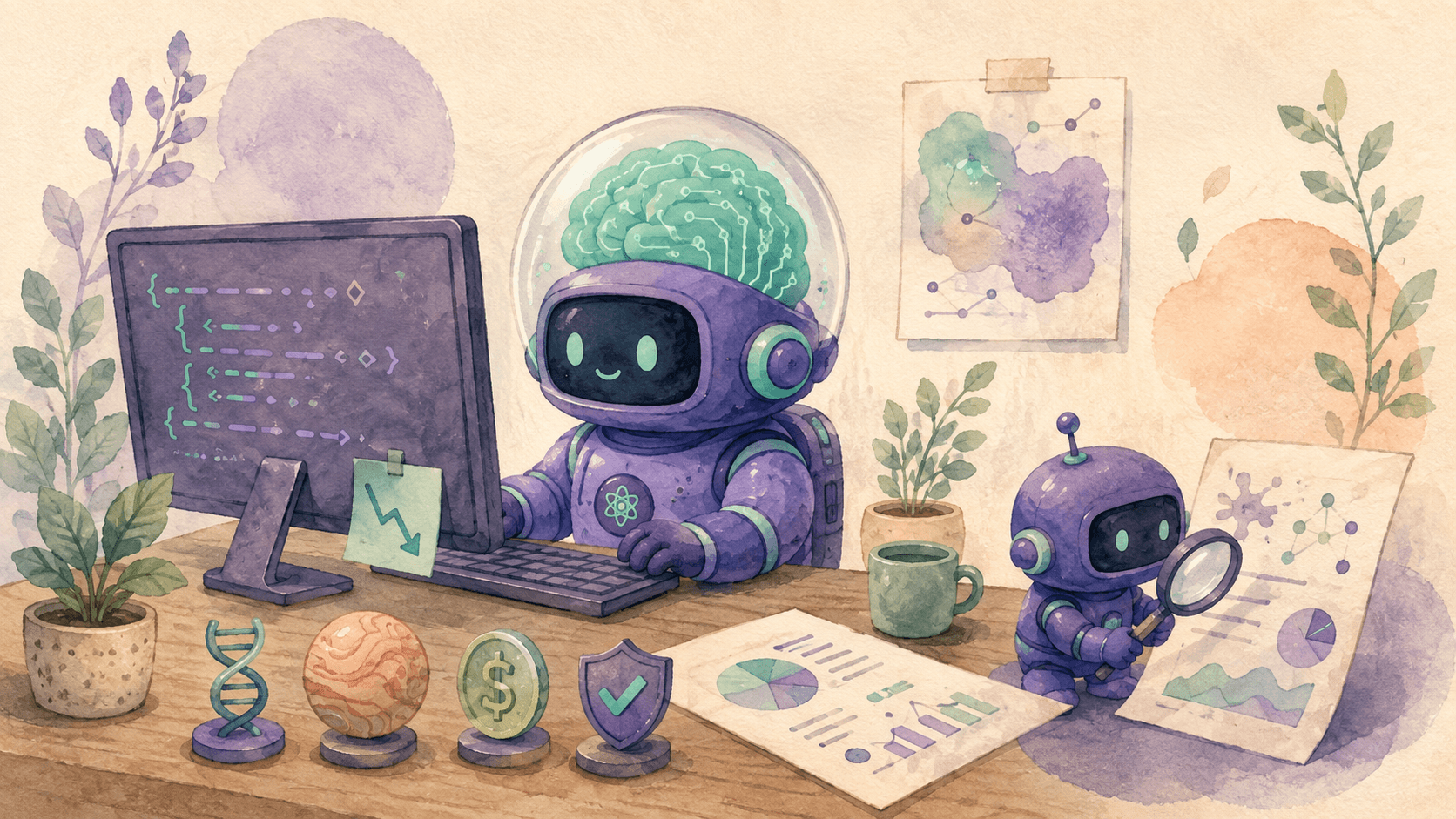 Illustration aquarelle d'un petit robot astronaute violet à casque transparent avec un cerveau lumineux menthe, assis à un bureau devant un écran de code, entouré d'une hélice d'ADN, d'une planète Vénus, d'une pièce de monnaie et d'un bouclier coché, avec un second robot violet plus petit examinant un papier scientifique à la loupe, symbolisant Claude Fable 5.1 et Mythos 5.1 pour la recherche et le code
