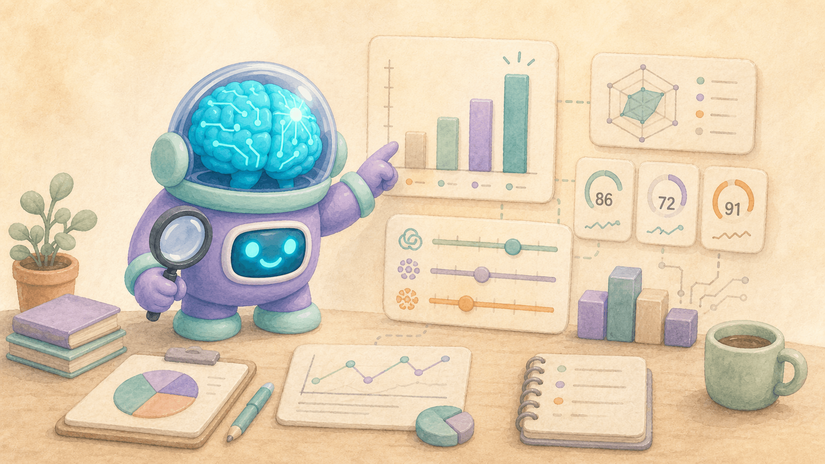 Un robot d'IA pointe des graphiques de scores en s'aidant d'une loupe : lire et interpréter les benchmarks LLM avec prudence.