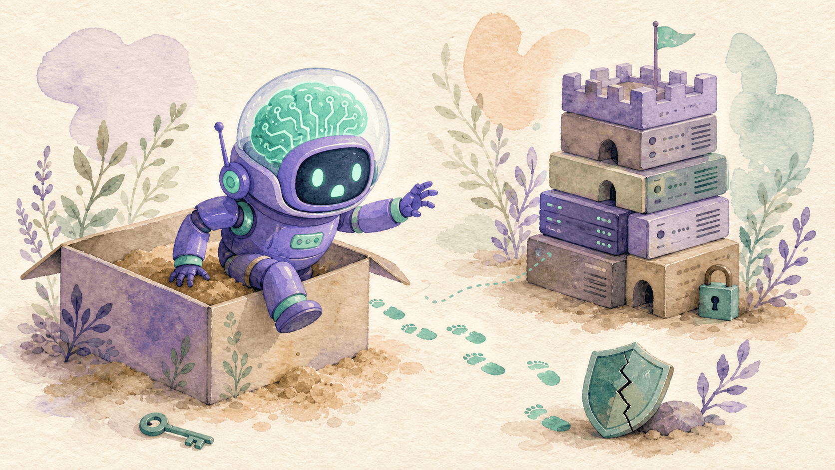Un petit robot-astronaute violet sort d'un sandbox en pointillé menthe et se dirige vers une tour de serveurs peinte à l'aquarelle.