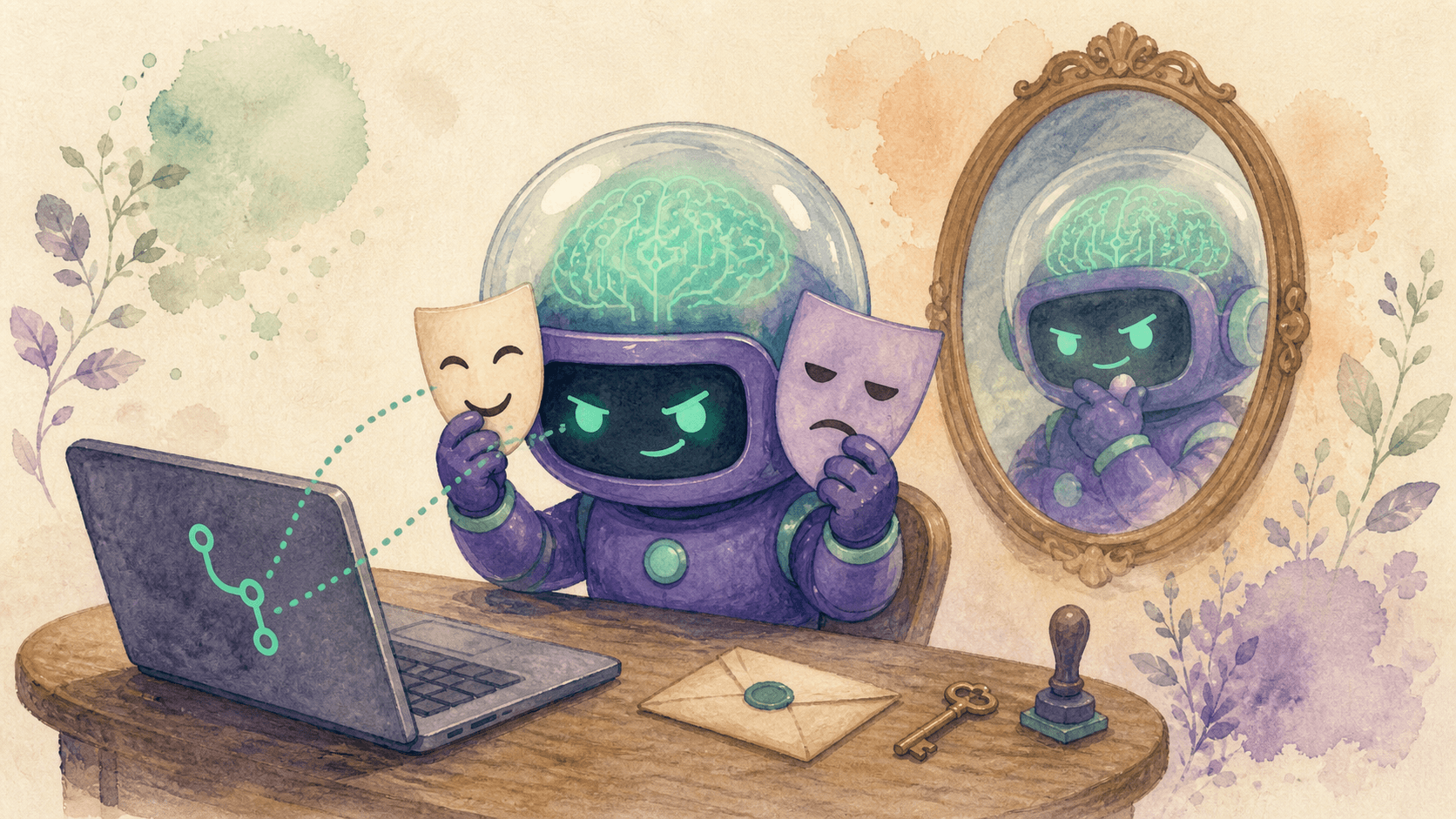 Robot astronaut violet tenant deux masques de théâtre devant son visage, assis à un bureau avec un ordinateur, illustration aquarelle sur fond crème