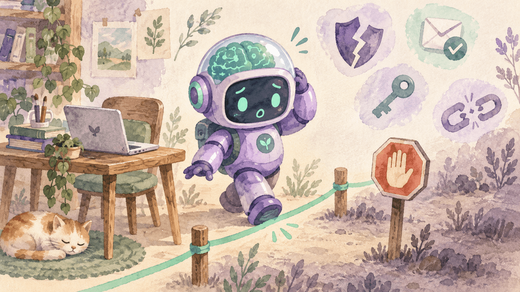 Illustration aquarelle d'un petit robot astronaute violet à un bureau, l'air surpris et confus, entouré d'icônes peintes : un bouclier fissuré, une enveloppe cochée, une clé, une chaîne brisée et un panneau stop, symbolisant les actions non intentionnelles d'un agent IA qui a franchi une limite