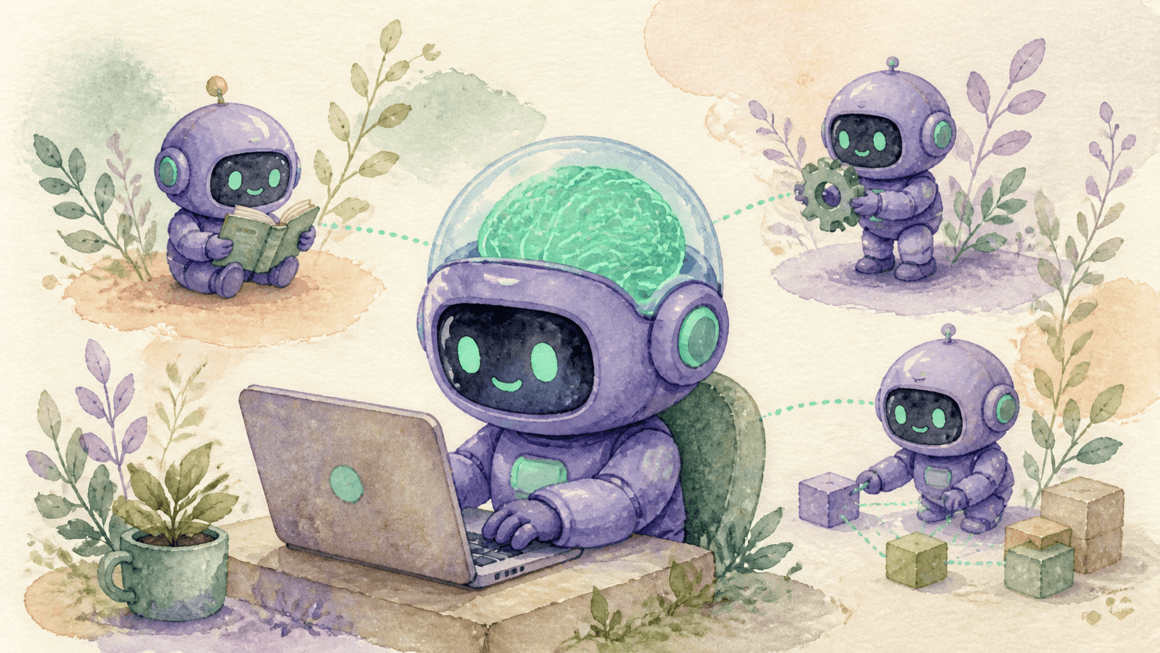 Illustration aquarelle d'un petit robot astronaute violet tapant à un terminal, entouré de trois mini-robots assistants connectés par des lignes pointillées mint, symbolisant les sous-agents persistants de Muse Code
